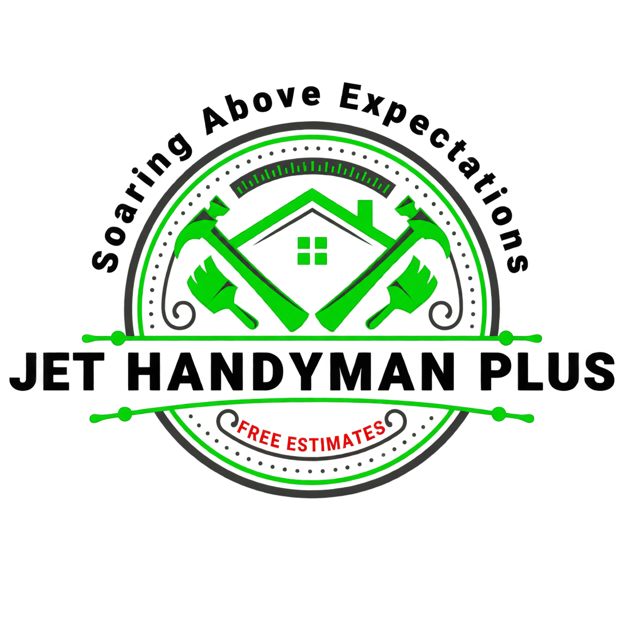 JET Handyman Plus logo — green house, hammers, and paintbrushes
